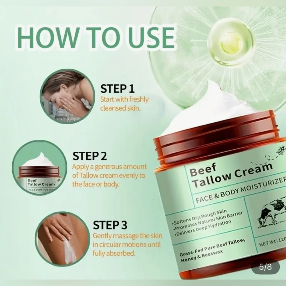 Beef Tallow Cream Face & Body Moisturizer Grass-Fed Honey Beeswax 4.2 oz NIB